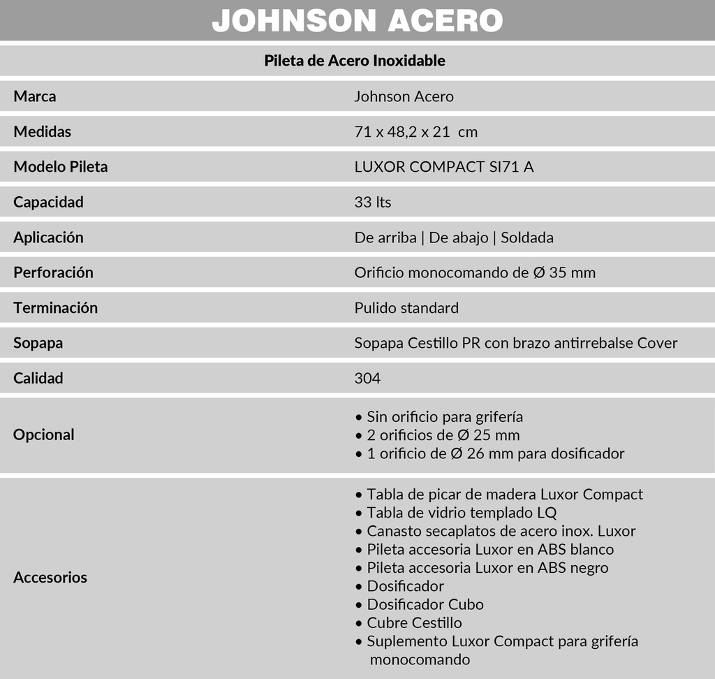 JOHNSON PILETA MOD.  LUXOR SI71 A