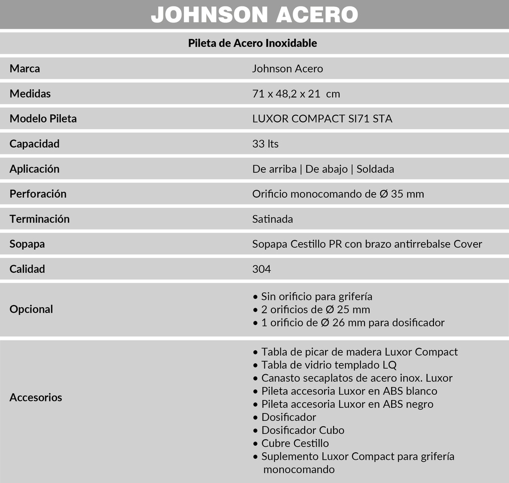 JOHNSON PILETA MOD.  LUXOR SI71 A